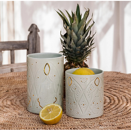STRAIGHT POTS ALMOND GREEN GOLD PRINTS