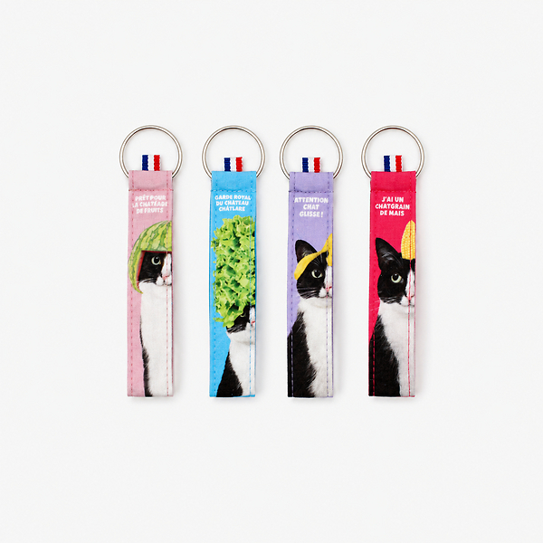 Je traduirais le nom du produit ainsi : **Multicoloured Cotton Keyring - Cat Games**